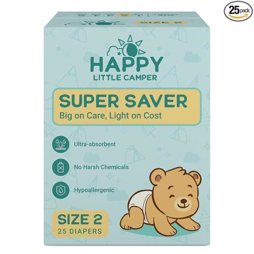 Happy Little Camper Super Saver Diapers, Size 2, 25 Count | Budget-Friendly Disposable Baby Diapers for Sensitive Skin | Hypoallergenic, Fragrance-Free, Ultra Absorbent