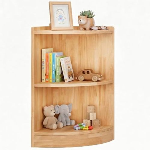 Sosola Rubber Wood Corner Cabinet, Kids Toy Storage Shelf, Bookshelf Storage Rack for Kids Bedrooms, Playrooms, Nurseries and Classrooms (Corner Bookcase)