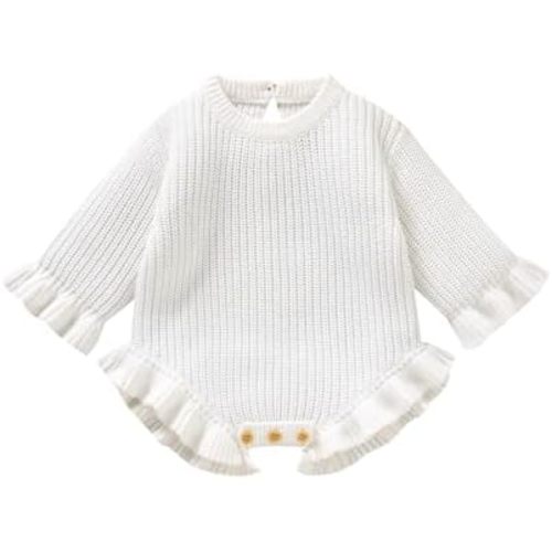 Opewod Baby Girl Knit Sweater Romper Newborn Ruffle Long Sleeve Sweater Crew Neck Pullove Warm Fall Winter Clothes Outfit