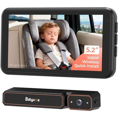 Babyvue BV6 Wireless Baby Car Camera Fast Setup, No Wiring Car Baby Monitor | HD1080P, Auto IR Night Vision, 5.2" Display, Mirror Image, Brightness Adjustable, 3X Zoom, for Kids Rear Seat Safety(Black)
