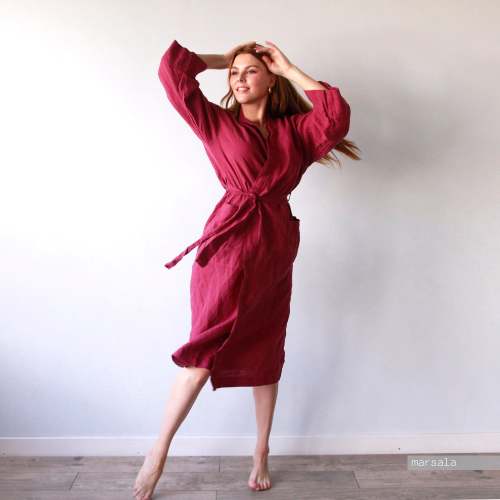 Handmade Linen Kimono Robe: Long Wrap Robe for Women