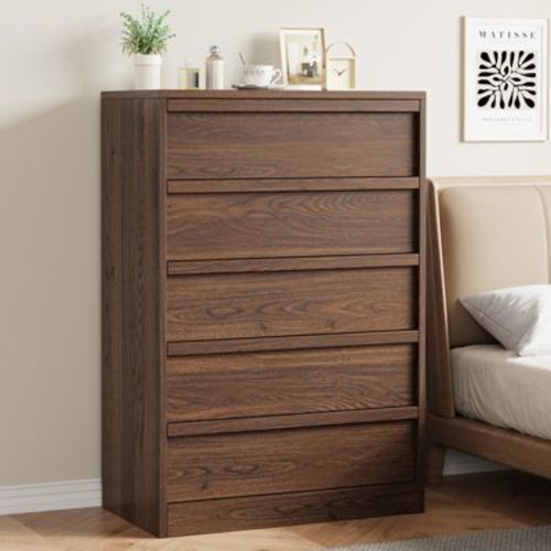 Walnut 5 Drawer Dresser for Bedroom, Modern 5 Chest of Drawers with Handle-free Design, 43in Tall Closet Organizer for Bedroom, Living Room, Nursery