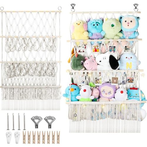 3 Tier Stuffed Animal Storage Shelf Net, 24x39 Inch Large Plushie Net w/LED Light & Clips for Mini Medium Stuffy Teddy, Beige Boho Macrame Wall Toy Holder Display for Nursery Kids Girls Boys