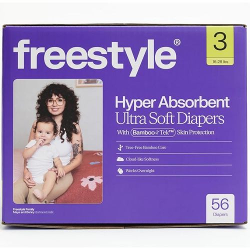 Freestyle BambooTek Diapers – (Size 3) Hyper Absorbent & Non-Toxic – Disposable Diapers for Sensitive Skin – Ultra Soft Diaper's (16-28 lbs) – 56 Count