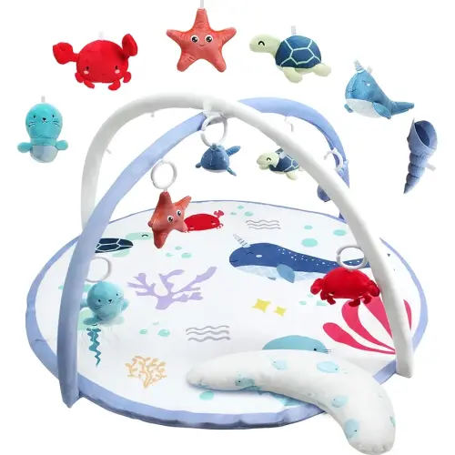 Baby Play Gym Mat, Tummy Time Activity Mat with 6 Detachable Toys and Pillow for Newborn Stage-Based Sensory and Motor Skill Development, Infant Play Mat for Babies to Toddlers