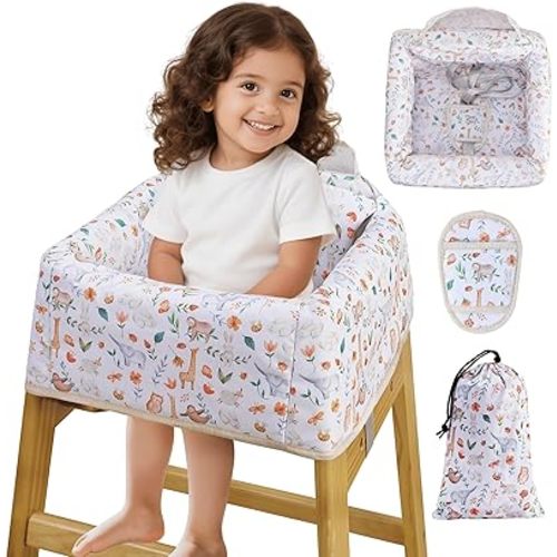 High Chair Cover Portable with 3-Point Harness, Waterproof Baby Seat Cover for Restaurant Travel Home Use, Machine Washable, Fits Wooden Chairs (Yellow Animal)