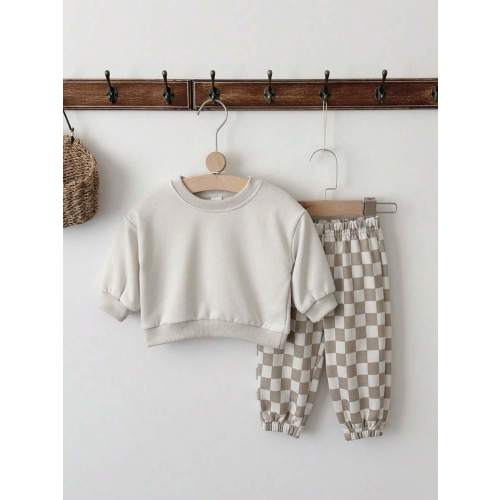 2pcs/Set Baby Boy Casual Solid Color Crew Neck Long Sleeve Sweatshirt And Checkerboard Long Pants, Spring/Autumn | SHEIN USA