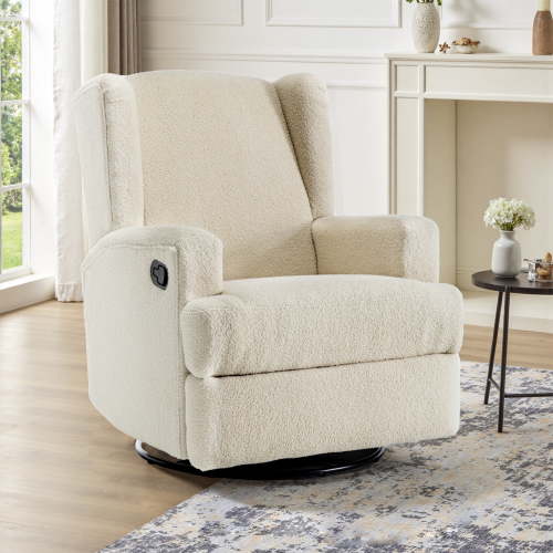 UIXE Swivel Glider Recliner Chair for Adults, Boucle High Back Accent Chair Nursery Rocker for Living Room, Upholstered Manual Reclining Sofa Seating with Deep Seat, Cream