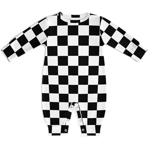 Black White Race Checkered Flag Pattern Baby Romper Long Sleeve Onesie Button Jumpsuit Baby Clothes Unisex