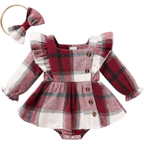 TITKKOP Newborn Baby Girl Fall Winter Clothes Plaid Long Sleeve Romper Buttons Outfit Ruffles Dress with Bow Headband