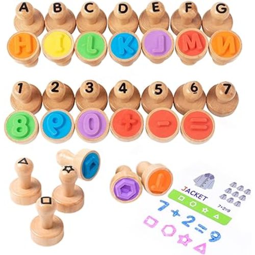 Montessori Wooden Alphabet Number Shape Stamps Set, ABC Spelling Letter Stampers and Mathematics Shapes Learning Flashcard, Preschool Educational Toy Gifts for 3 4 5 Year Old