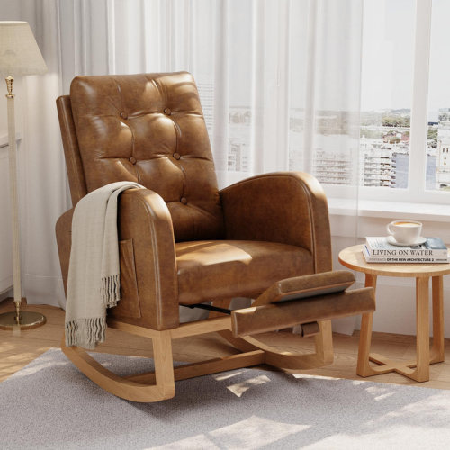 Latitude Run® Nursery Glider Rocking Chair with High Backrest, Upholstered Breathable PU Leather & Sturdy Wooden Legs, Comfortable Nursing Chair for Bedroom, Living Room, Nursery | Wayfair