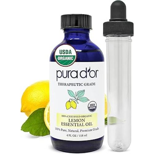 PURA D'OR Organic Lemon Essential Oil (4oz with Glass Dropper) USDA Certified 100% Pure & Natural Therapeutic Grade Diffuser Oil Citrus Scented for Aromatherapy, Mood Uplift, Energy, Focus