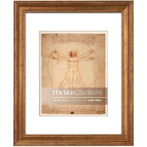 11x14 in Distressed Gold Beveled Design Classic Ornate Picture Frame, Matted for 8x10 inches Photos, Paitings or artworks, Real Glass Protection
