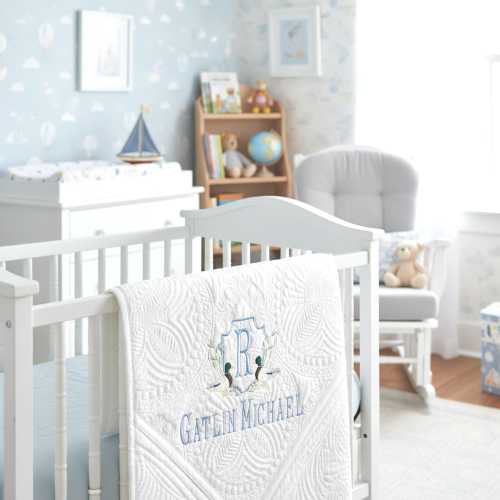 Personalized Baby Quilt Duck Design Custom Monogram Blanket Cotton Nursery Gift Idea Newborn Shower Present Keepsake Blue Grey White Quilt