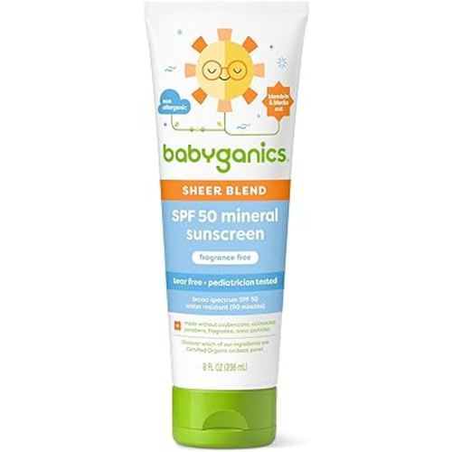 Babyganics SPF 50 Mineral Sunscreen Lotion, Sheer Blend, UVA UVB Protection, Octinoxate & Oxybenzone Free, Water Resistant, Fragrance Free, 8 oz