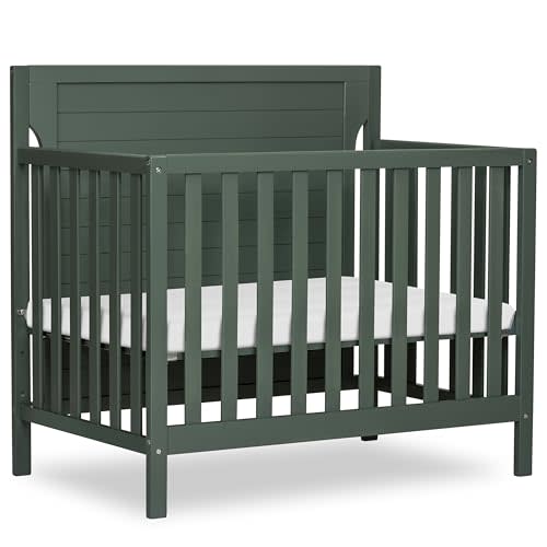 Dream On Me Bellport 4-in-1 Convertible Mini Baby Crib, Compact Design in Safari Green, GreenGuard Gold & BSA, Non-Toxic, Pinewood, Converts to Mini Daybed & Twin Bed, 1″ Mattress Pad