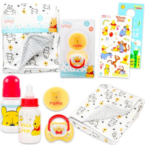 Disney Winnie The Pooh Baby Gift Set - 6 Pc Newborn Essentials Bundle with Blanket, Pacifier, Bottle, Scrapbook Stickers, More | Baby Shower Gifts for Girls, Boys