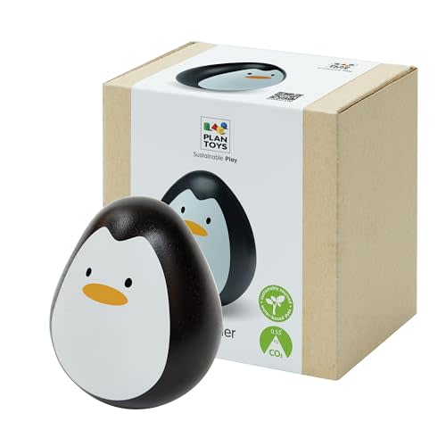 PlanToys® Penguin Wobbler Montessori Wooden Baby Sensory Toy for Tummy Time | Cause & Effect Developmental Toy for Babies 6+ Months