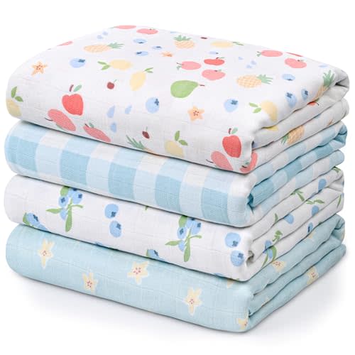GLLQUEN BABY Muslin Swaddle Blankets 4Pk Receiving Blanket Large 35" x 40" | Soft Cotton Baby Blankets for Girls Boys Breathable Nursery Swaddles for Newborns, Baby Essentials Shower Gift, Fruit Berry