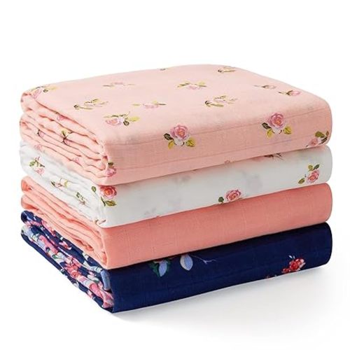 Momcozy Muslin Swaddle Blankets, 4-Pack Breathable and Skin-Friendly Receiving Blankets for Boys, Best Wishes Swaddle Blanket Shower Gifts & Baby Registry Essentials, Large 47"x47", Bravery