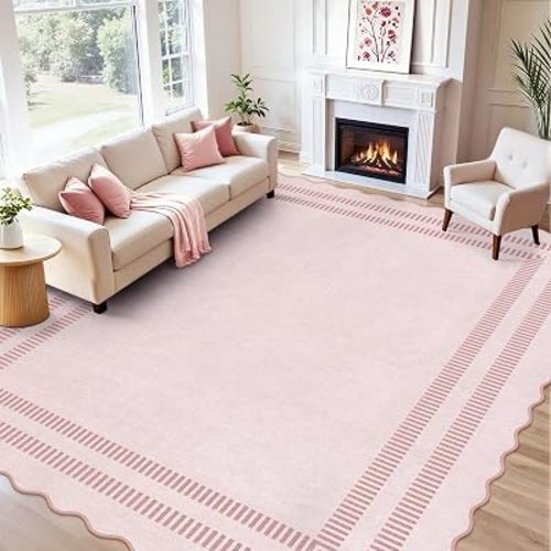 Pink Rugs for Living Room 9x12, Machine Washable Scalloped Area Rugs for Bedroom Girls, Non Slip Ultra-Thin Low-Pile Carpet for Playroom Nursery Kids Room
