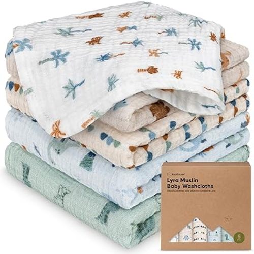 5-Pack Muslin Baby Washcloths for Newborn – 12x12" Soft Absorbent Organic Cotton Muslin Wash Cloths for Babies Girl, Boy, Infant, Toddlers, Kids Face Towel, Bath Essentials, Baby Burp Rags (Dino Park)
