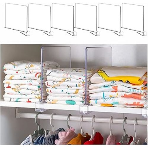 Yieach 6 Pack Clear Acrylic Shelf Divider for Closet Organization - 9.2″ Tall Closet Dividers for Wood Shelves,Cupboard,Vertical Shelf Separators in Closet for T-Shirt,Purse,Handbag,Sweater Organizer