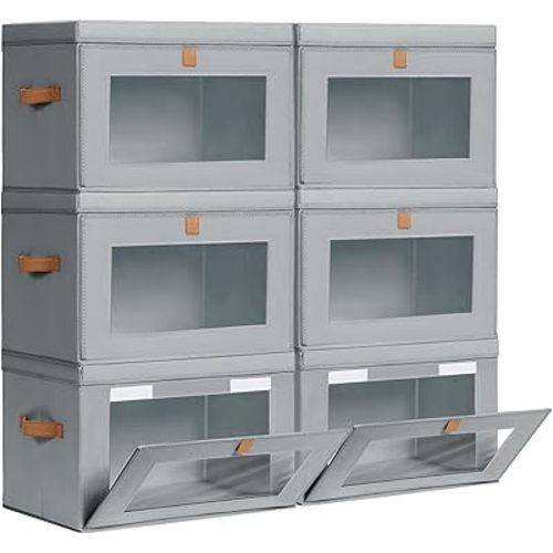 Large Closet Storage Bins - Collapsible Storage Bins with Handles & Window, Fabric Cube Organizer with Lids, Decorative Boxes for Living Room, Closet, Dorm, 6 Pack, Grey