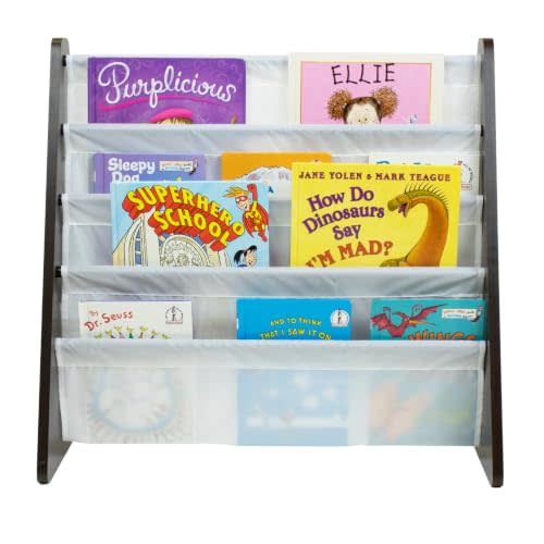 Humble Crew Kids Bookshelf, Montessori Front Facing Toddler Bookcase 4 Tier | Book display rack and reading nook organizer, nylon pockets show covers face out, compact for any playroom or bedroom space