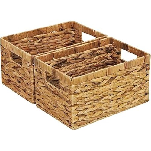 Rectangular Storage Basket 2PCS Water Hyacinth Baskets,Hand-Woven Baskets with Handles,12.99x7.08x8.26″for Living Bedroom Organizing Shelves