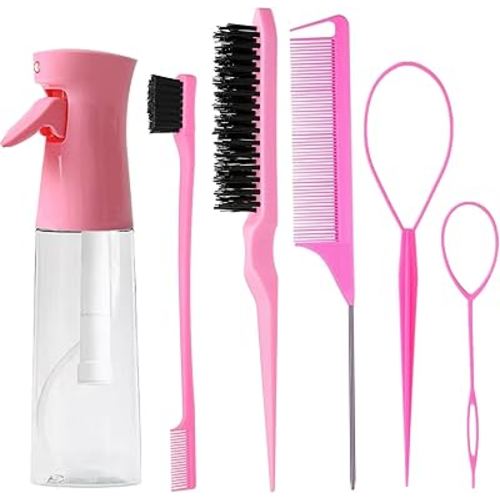 6pcs Hair Styling Comb Set with Continuous Spray Bottle 200ml, Hair Brush Rat Tail Comb Edge Control Hair Brush for Back Brushing, Combing, Braiding, Slicking Hair for Women(pink)