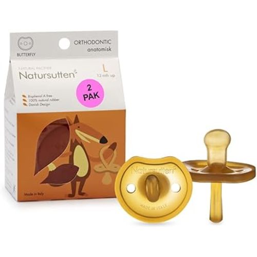 Natursutten Pacifiers 12-18 Months - 2-Pack Butterfly Shield Orthodontic Nipple Natural Rubber Safe & Soft BPA-Free Pacifiers for Breastfeeding Babies - Newborn Pacifiers Made in Italy