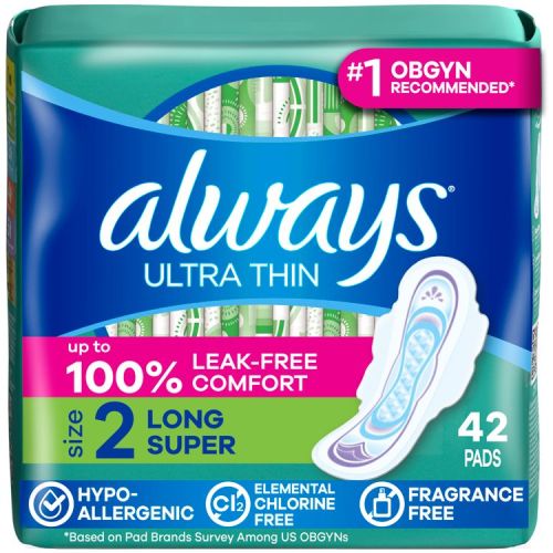Always Long Absorbency Unscented Ultra Thin Pads with Wings - Size 2 - 42ct