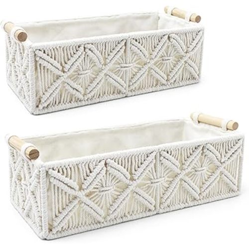 Nonam 2pc Macrame Storage Baskets, Boho Woven Boxes for Home Org, White