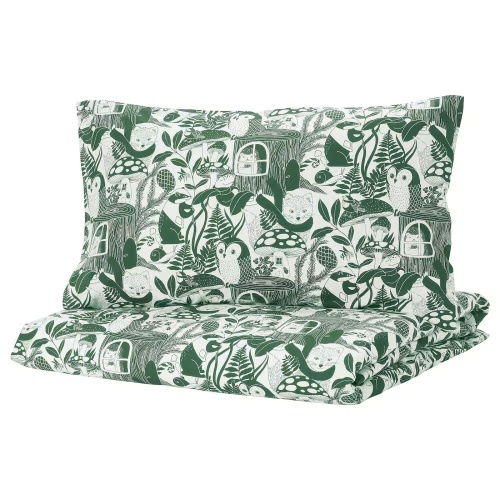 SKOGSDUVA Duvet cover and pillowcase(s) - white green/forest pattern Twin
