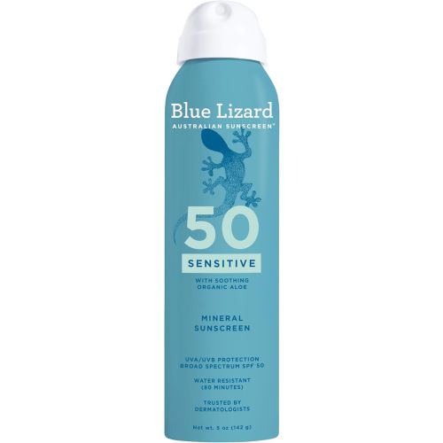 Blue Lizard Sensitive Mineral SPF 50 Spray, Dermatologist-Recommended Brand, Broad-Spectrum UVA/UVB Protection, Water-Resistant, Zinc Oxide Formula, 5 oz