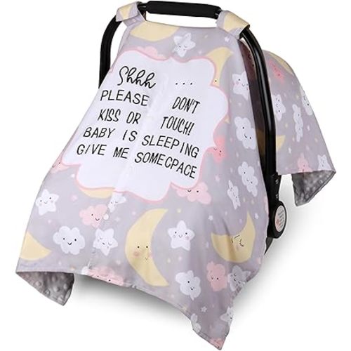 Metplus Baby Car Seat Cover with No Touch Sign, Soft Minky Infant Carseat Canopy with Peekaboo Opening for Stroller & Carrier, All-Season Privacy Shield for Boys Girls, Baby Shower Gift (Moon)