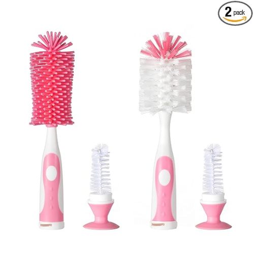 Chemimoso Multifunctional Cleaning Brush, Baby Bottle Brush, Bottle Brush Cleaner, Rotate the Suction Cup to Obtain the Small Bristle Brushes, Set Z, Pink, Silicone and Nylon Brush