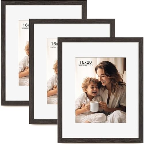 16x20 Picture Frame with Mat for 11x14 Set of 3, Black Wood Grain 16x20 Frames for Horizontal & Vertical Wall Mounting (3 Pack,Black)