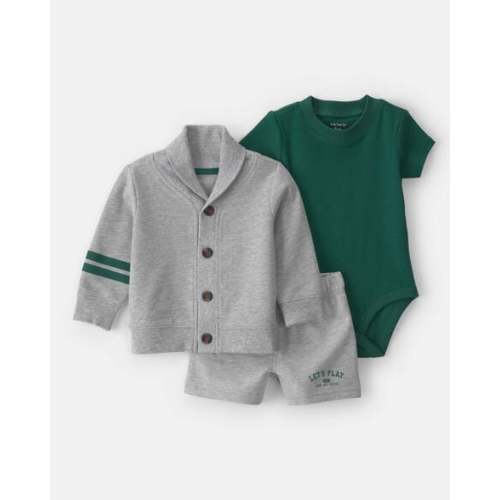 Baby Boy 3-Piece Varsity Cardigan, Bodysuit & Short Set - Green/Grey | Carter's