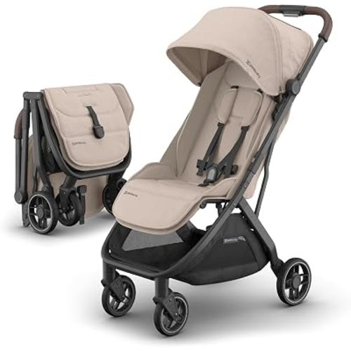 UPPAbaby Minu V3 Travel Stroller - Lightweight + Compact Design - One-Hand Fold + Unfold - from Birth + Overhead Compatible - Ada (Sandstone/Carbon Frame/Chestnut Leather)
