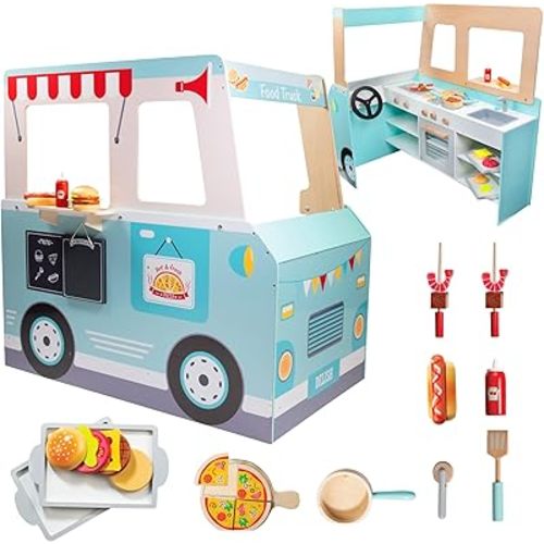 Food Truck Wooden Playset- 20 Fun Toy Pieces Including Cook Top, Steering Wheel, Sticker Sheet for Kids Name- Food Tray, Pizza Slices & More, Dual Sided Play Stand for Indoor Fun Activity, Xmas Gift