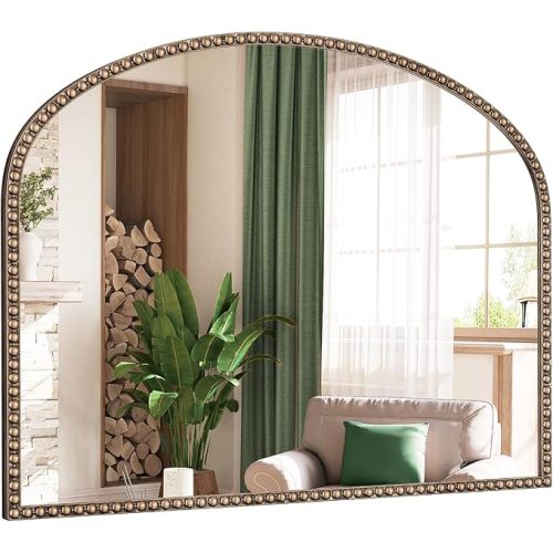 Arched Antique Gold Mirror with Beaded, 28"x36" Decorative Wall Mirrors, Champagne Bronze Brass Frame Vintage Mirror for Bedroom Dressing Room Entryway Fireplace