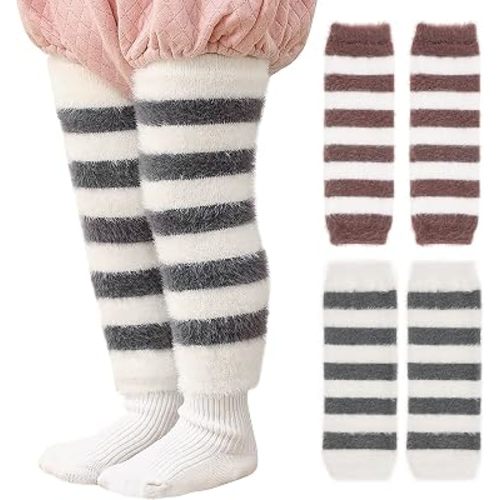 2 Pairs Stripe Baby Toddler Leg Warmers, Unisex Legwarmers Knee Socks Knee Protector Leg Sleeves Leggings for Boys Girls Fit to 0-5 Years, One size(White+Gray and White+Coffee)