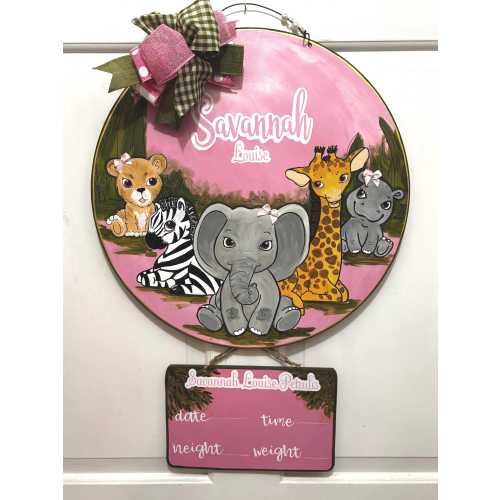Newborn Girl Hospital Door Hanger: Pink Jungle Safari Animals