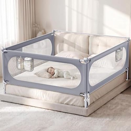 3-Sides King Size Bed Rails for Toddlers - Height Adjustable Baby Bed Rail Guard with Headboard Rod, No-Drill Beds Side Rails for Kids, Bed Safety Rails with Child Lock, Barandal Para Cama de Niños