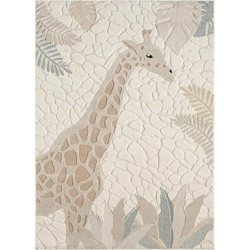 TOWN & COUNTRY PLAY Jungle Giraffe Kids Area Rug, Soft & Plush, Calming, Bedroom Rug, Nursery Decor, Playroom & Classroom Rugs, Beige/Multi, 5'2"x7’2”