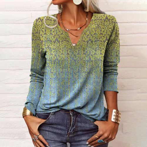 Ethnic Tribal Printed V Neck Long Sleeve T-Shirt
