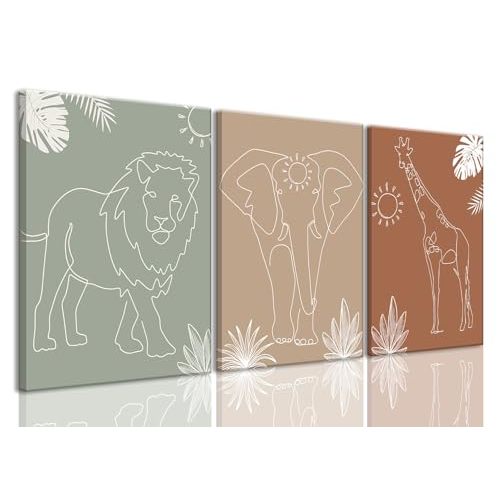 Wodkwq Nursery Wall Art Safari Animal Canvas Prints Boy Baby Room Decor Poster Toddler Room Decoration Minimalist Boho Jungle Painting Pictures Set of 3 for Kids Bedroom Bathroom 12x16in Framed